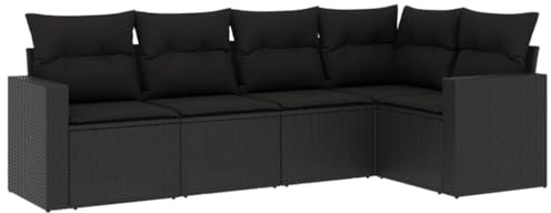vidaXL 5-TLG. Garten-Sofagarnitur mit Kissen Schwarz Poly Rattan