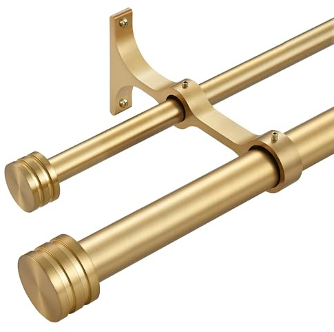 Double Curtain Rods with Aluminum End Cap and Full Enclosure Brackets, 1- Inch Front and 5/8 Inch Back Window Rod, Dual Drapery Rods Adjustable from 72 to 144 Inches (6-12 Feet), Brushed Gold