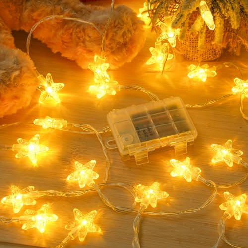Dalugo Christmas Fairy Lights Battery Operated, IP65 Waterproof 6M 40 LED Warm White Star String Lights with Timer, Battery Powered Xmas Tree Lights for Indoor Outdoor Bedroom Garden Decorations