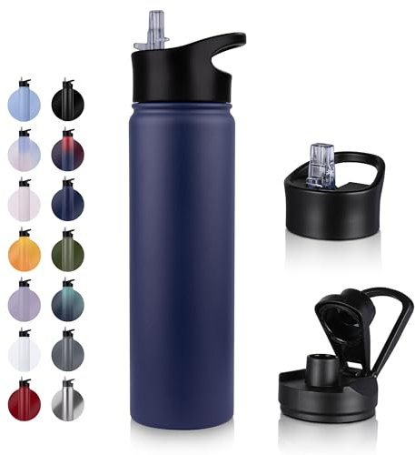 UMBFUN Edelstahl Trinkflasche - 750ml - mit Strohhalm,Auslaufsicher,Kohlensäure Geeignet,BPA frei Thermosflasche(+2 Deckel) Vakuum Doppelwandisolierung für Sport,Reisen,Camping,Schule,Fahrrad,Gym