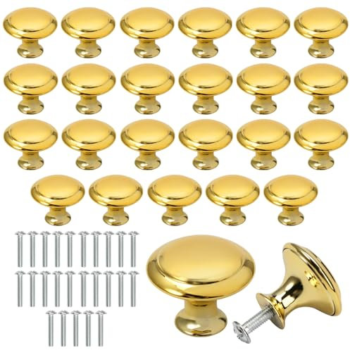 25 Pezzi Pomelli per Cassetti 27mm Pomolo per Mobile Rotondo con Viti Abbinate, Acciaio Inossidabile Placcato Oro, Impermeabile e Antiruggine, Foro Singolo Per Armadi, Cassetti, Camera Da Letto, Bagno