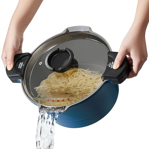 ROSSETTO Cuiseur à pâtes 28 cm 8L casserole induction, Revêtement Anti-Adhérent céramique, Faitout Marmite Fonte Aluminium tout feux, Couvercle en Verre, Bleu