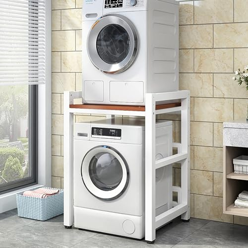 Support Empilable Pour Lave-Linge Et Sèche-Linge Avec Étagère,Superposition Lave Linge Seche Linge,Etagere Machine A Laver,3 Hauteurs Réglables,Meuble Seche Linge,Pour Toilettes Et Buanderie(Red-brown