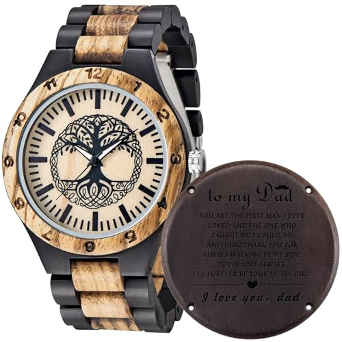 Tiong Herren Holzuhr Gravierte Handgefertigte Holzuhren zu Meinem Papa/Opa/Ehemann Herren Analoge Quarz Holz Männer Armbanduhr