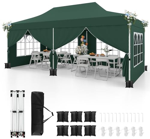 RELAX4LIFE Tenda da Giardino Pop-Up 3 x 6 M con 6 Pareti Laterali, Altezza Regolabile, 12 Picchetti, 6 Corde/Sacchi di Sabbia, per Feste e Matrimoni (Verde, 3x6m con Pareti Laterali)