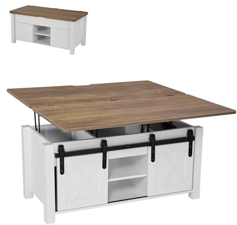 VEVOR Mesa de Centro Elevable 100 cm, Mesa de Café con Puerta Estilo Granero y Compartimento de Almacenamiento Oculto, Mesita de Salón o Comedor Tablero de Color Marrón para Salón, Oficina, Hogar