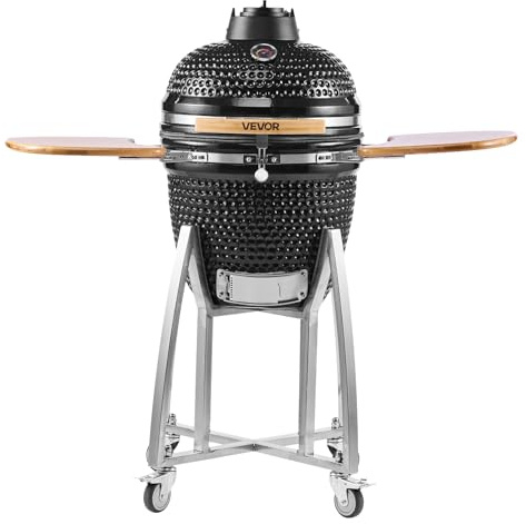 VEVOR Barbecue Kamado à Charbon 45 cm Fumoir à Charbon en Céramique Mobile pour Cuisson Extérieur Terrasse Jardin avec 4 Roues à 2 Freins, Thermomètre Intégré, Aération Inférieure, Tablettes Latérales