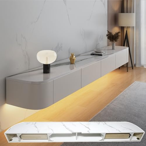HYANXUE Support TV flottant, étagères murales avec porte, console multimédia TV, meuble TV flottant, grand banc de rangement sous TV (texturé + LED, 300 cm)