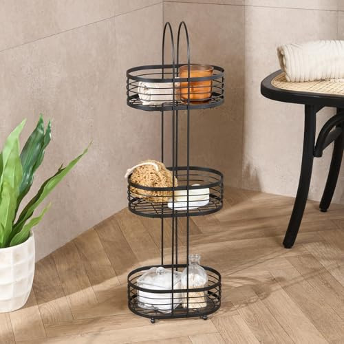 OHS 3 Tier Bathroom Caddy Freestanding Shower Storage, Stainless Steel Tall Floor Shower Caddy Corner Bathroom Shelves Storage Organiser Rustproof Display Shelves, Black