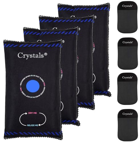 Crystals 4 x 1KG Reusable Car Dehumidifier Bags – Heavy Duty Moisture Absorber for Car/Van, Caravan & Home, Damp Condensation Trap with Anti-Slip Pads, Keeps Windscreens Clear, Prevents Odours–Black