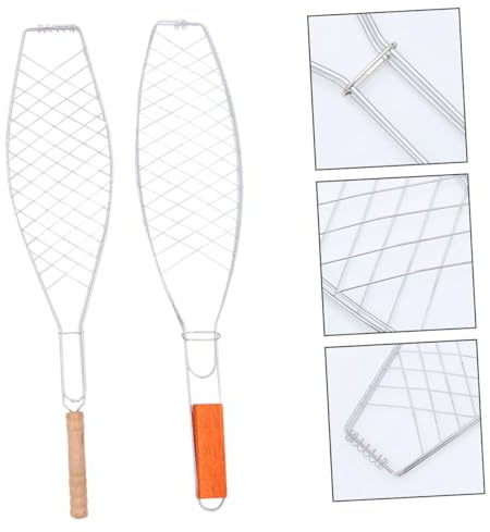 BIUDECO Set 2 Pezzi Cestello per Griglia Rotondo con Rete in Metallo per Barbecue Clip per Pesce con Manico in Legno Attrezzo per Barbecue Esterno per Grigliare Pesce e Pane