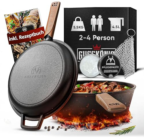 GUSSKÖNIG Horno holandés – 2 en 1 olla de hierro fundido de 3 l y sartén de hierro fundido de 1,5 L con olla de doble función, limpiador de anillos, pasta de cuidado, asas de piel auténtica, libro de