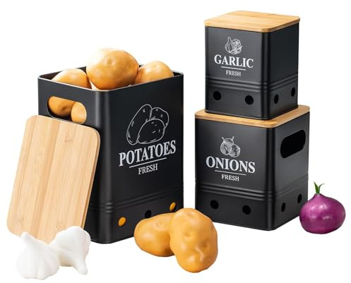 YUNYDSM Kartoffel-Aufbewahrungsbox 3er Set mit Bambusdeckel – schwarz | 3er Set Kartoffelbox aus Metall mit Bambusdeckel – stapelbar & verschachtelbar, für Zwiebeln, Knoblauch & Gemüse