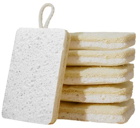 Natural Loofah Washing Up Sponges 6pcs, Eco Friendly and Cellulose Dish Scrubbers with Cotton Hanging Loop - Odour Free Biodegradable, Plastic Free, Non Scratch for Kitchen Bathroom
