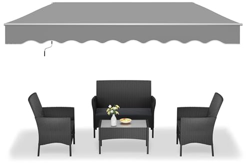 HENGMEI Auvent à bras articulés, protection solaire, store de terrasse escamotable en aluminium avec manivelle (360 x 300 cm, gris clair)