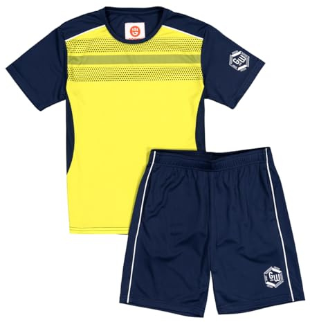 ALPHADVENTURE Set Sportivo per Bambini, Tuta con Maglietta a Maniche Corte e Pantaloncini, da 6 a 14 Anni, Giallo Neon/Blu Navy, 14 Anni