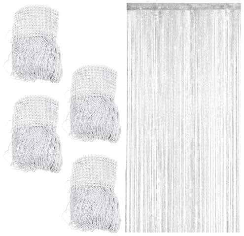 MIUUIPI 4 Stück Fadenvorhang Türvorhang, 100 x 200cm Glitzer Vorhang, Fliegenvorhang Balkontür, Fadengardine Fadenvorhang, Dekorativer Perlenvorhang für Hochzeit, Party Dekoration (Weiß)