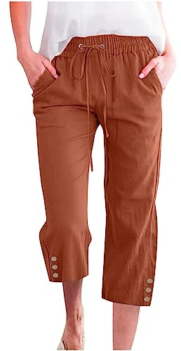 Linen Capri Pants for Women Womens Summer Capris Linen Capri Pants for Women Summer Beach Wide Leg Drawstring Elastic Waist Pant Casual Cropped Plus Size Lightweight Trousers with Pockets Brown