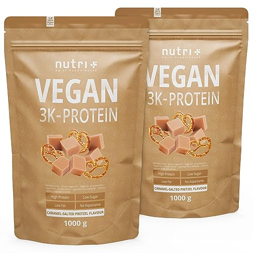 Nutri + Eiweiß Pulver Vegan Salted Caramel Pretzel 2 kg - 3k Protein Salty Bretzel - Pflanzliches Proteinpulver ohne Laktose und Zucker-Zusatz - Eiweißpulver Shake Salzbrezel