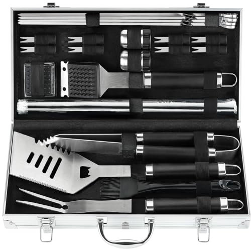 POLIGO 21Pcs Kit Accessori Barbecue in Acciaio Inox - Set Barbecue in Custodia di Alluminio - Regalo di Compleanno per Uomo Perfetto - Set di Utensili per Barbecue di Alta Qualità