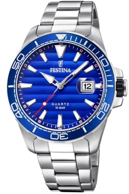 Festina Herrenuhr Analog aus Edelstahl 316l Silberfarben | Quarzwerk, Kalender, Widerstandsfähiges Mineralglas, Wasserdicht 10 ATM Casual F20360/1