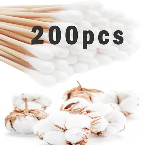 MINGZE Bastoncillos de algodón de 200 piezas, hisopos largos, hisopos de algodón con asas de madera, LIMPIEZA herramienta cosmética de punta única, paquete de 2 / Total 200 piezas
