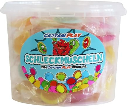 CAPTAIN PLAY 100 Schleckmuscheln einzeln verpackt, Party Bucket mit Schleckmuscheln Süßigkeiten, 1kg