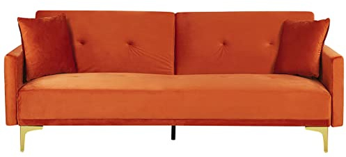 Beliani 3-Sitzer Schlafsofa Samt orange gesteppt mit Metallbeinen Gold 2 Kissen Lucan