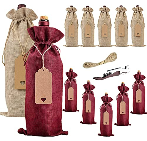 Penubuy 12 bolsas de vino de arpillera con cordón con etiqueta y cordel（mixto）