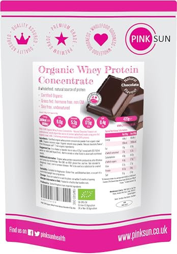 PINK SUN Organic Whey Protein Chocolate Flavour 420g Concentrate Powder Shake Soy Free Grass Fed Gluten Free Vegetarian Undenatured Non GM Certified Bio UK