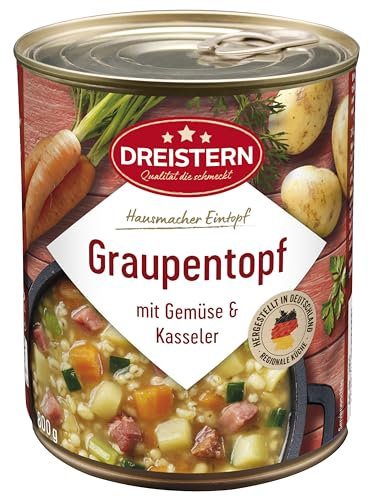 DREISTERN Graupentopf 800g I Mit Gartengemüse & Kasseler I Herzhafter Eintopf in recyclebarer Konservendose I Lange Haltbarkeit dank natürlicher Konservierung I Hausmacher Qualität