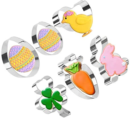 MYSUNBAR Set di 6 stampi per biscotti pasquali, in acciaio inox, per dolci, trifoglio, coniglio, pollo, uovo grande, piccolo e carota