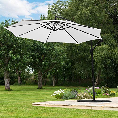 Harrier Ombrellone Decentrato 3m | Parasole Con Luci LED Opzionali – Ombrelloni Da Giardino | Scegli Tra 4 Colori | (Ombrellone LED + 4x Pesi da 12,5kg + Copertura, Bianco)