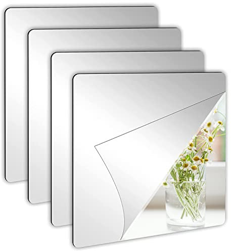 4 Stück Selbstklebende Quadrat Spiegelfliesen, 20x20cm Acryl Spiegel, Flexibler Nicht-Glas Rahmenloser Klebespiegel für Schrank Wanddekoration