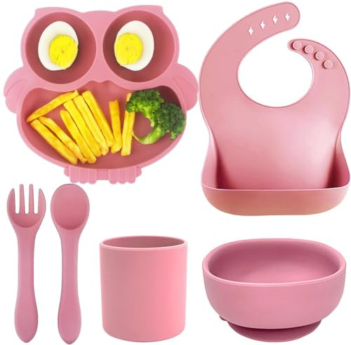 Vajilla bebe de silicona,6 piezas, plato con ventosa,Antideslizante Cuenco Cuchara y Tenedor Tazas Babero Set Libre de BPA Aprendizaje Vajilla para Infantil Niños,Vajilla Infantil Bebe 6 Meses,Fucsia