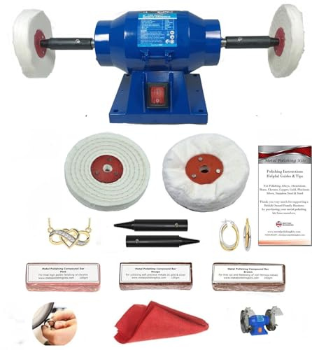 Jewellery Polisher Polishing Machine 6 Bench Grinder 150W & Ad-On 4 Jewellery Polishing Kit for Polishing Gold Silver Platinum & Chrome