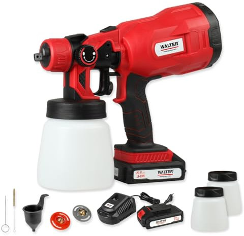 WALTER Li-Ion Akku-Farbsprühsystem, kabellos, für einfaches und müheloses Lackieren, mit Softgriff für Komfort, für anspruchsvolle Heimwerker, inkl. Akku, Düsenreinigungsnadeln & Viskositätsmessbecher