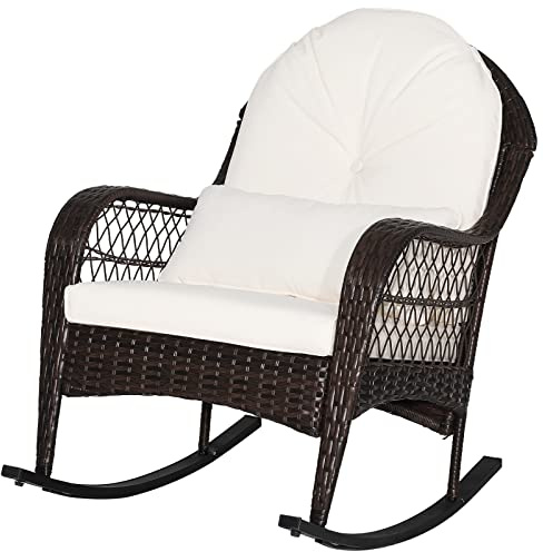 ORALNER Patio Wicker Rocking Chair, Outdoor PE Rattan Rocker with Seat and Back Cushion, Waist Pillow, Armrests, Garden Chair for Porch, Backyard, Poolside, Deck (1, Off White)
