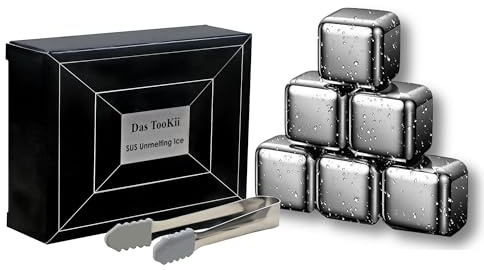 Das TooKii Whiskey Stones 6 Pack, Metal Reusable Ice Cubes, High Cooling Technology, Stainless Steel Ice Cubes, Refreezable Chilling Stones for Whiskey, Vodka, Liqueurs, Wine, Beverage Juice or Soda