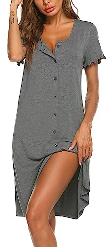 Ekouaer Chemise de Nuit Femme Manches Courtes Vêtements de Nuit Boutons Devant Robe de Nuit Été Col V, Gris S