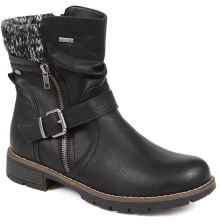 Pavers Women's Casual Biker Boots in Black with Faux Fur Trim - Ladies Stylish Shoes with Buckle Detail - Faux Leather Footwear - Size UK 5 / EU 38