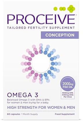 Proceive Omega 3 Conception - Tabletas de aceite de pescado puro de alta resistencia EPA y DHA, 60 cápsulas, 2000 mg de aceite de pescado por dosis, de origen sostenible, sin PCB, sin metales pesados