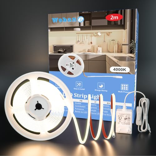 WOBANE Striscia Led COB 2 Metri 12V, Striscia Led Bianco Naturale 4000K, CRI 94+, Strisce Led Adesive con Interruttore e Spina per Cucina Sottopensile,Specchio,Vetrina,Camera da Letto,TV, 640 LEDs