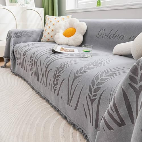 KnSam Home Sofabezug, Weizenohren Sofa Überzug rutschfest mit Quaste, rutschfeste Schonbezüge Chenille für Wohnzimmer (130x180CM, Grau)