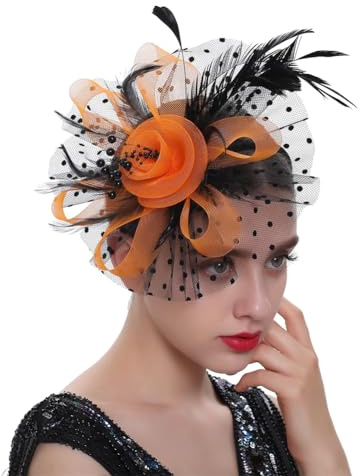 Fascinator für Damen, Vintage-Fascinator, mit Federn, Blume, Netzstoff, Haarreif, Fascinator, schwarz / orange, Einheitsgröße