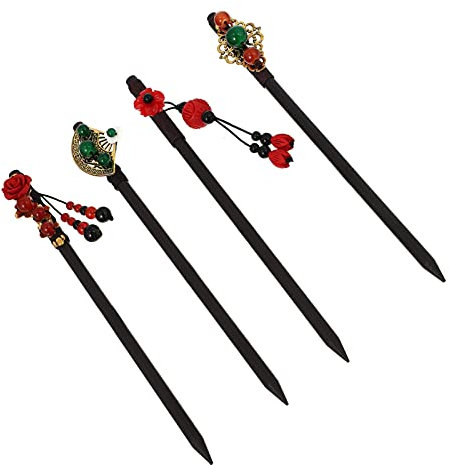 Haarnadel, Jade-Haarstäbchen, 4 Stück, klassische Vintage-Haarnadel, Holzquaste, japanische Braut, chinesische Vintage-Haarspange