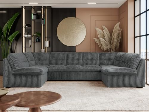 MKS MEBLE Wohnlandschaft COMODO U XXL – Sofa U-Form mit Schlaffunktion & Bettkasten, Schlafsofa mit Stauraum, freistehende Wohnzimmer Couch Ecksofa Polsterecke - Dunkelgrau Cord