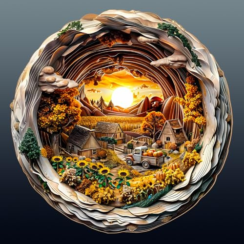 Wooden Puzzles for Adults - 300pcs Visual 3D Autumn Farm Jigsaw With Unique Animal Shape, 34x33.9cm - Wood Box Included for Family Game and Birthday Gifts