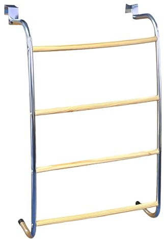 Top Home Solutions® Over The Door 4 Tier Towel Rack – 2 Hooks For Hanging Chrome Towel Rail Holder With 4 Bamboo Wooden Bars - Towel Holder for Bathroom, Kitchen, & Garage 69 x 48 x 13 Cm