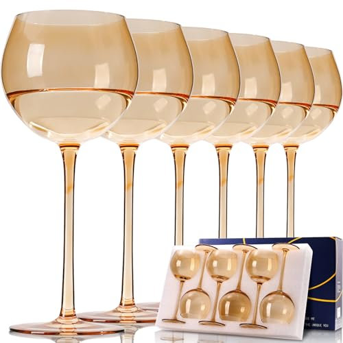 Vintacicle Balloon Colored Wine Glasses Set of 6, Hand Blown Large Colorful Wine Glass with Long Stem 15Oz-Premium Crystal Red White Wine Glass, Gifts for Christmas, New Year, Weddings-Amber